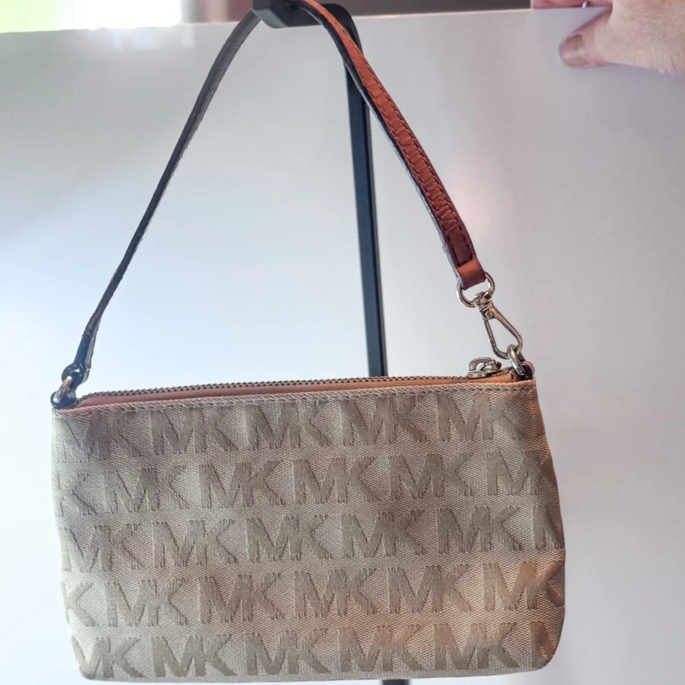 Michael Kors MK Logo Wristlet Shoulder Bag | Beige Tan Canvas - Picture 3 of 11